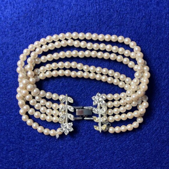 Monet Jewelry - Vintage Faux Pearl Multistrand Bracelet | Cubic Zirconia Floral Clasp | Timeless